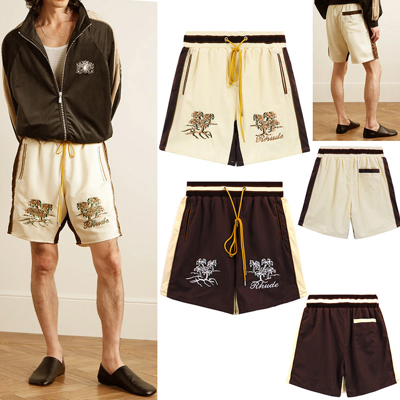 Men Women Casual Drawstring Embroidery Shorts Top Quality Inside Mesh Striped Breeches Brown Apricot