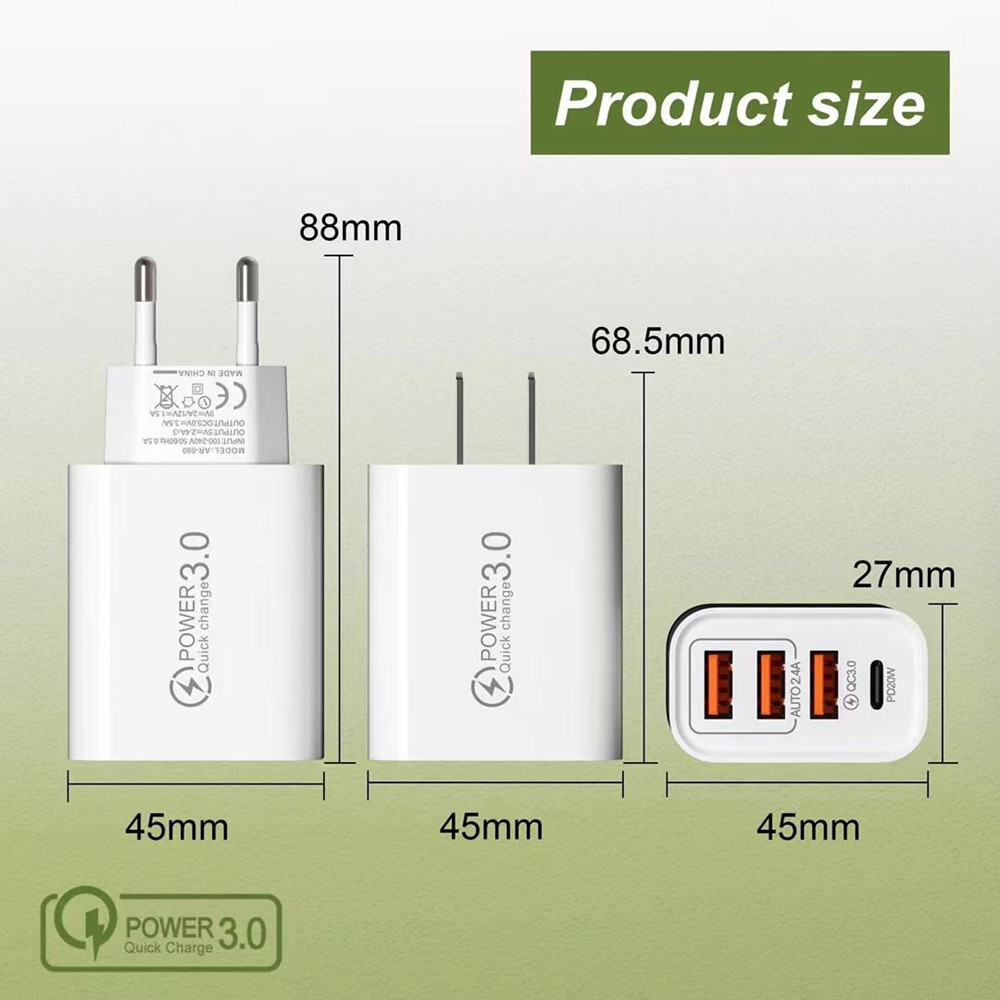 3 USB+PD 20W Type-C Mobiltelefonladdare Multi-USB-gränssnitt Travel Charging Head