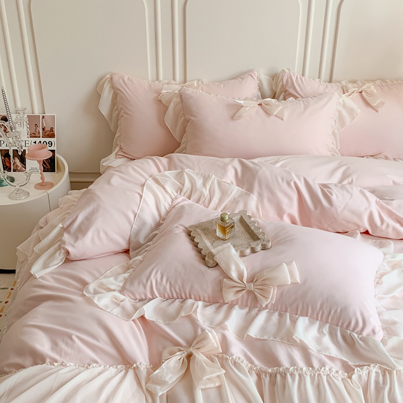 Korean Style Chiffon Lace Bedding Set Pink France Romantic Princess Wedding Bedclothes Ruffles Bow Soft Duvet Cover Bed Sheet Pill219i