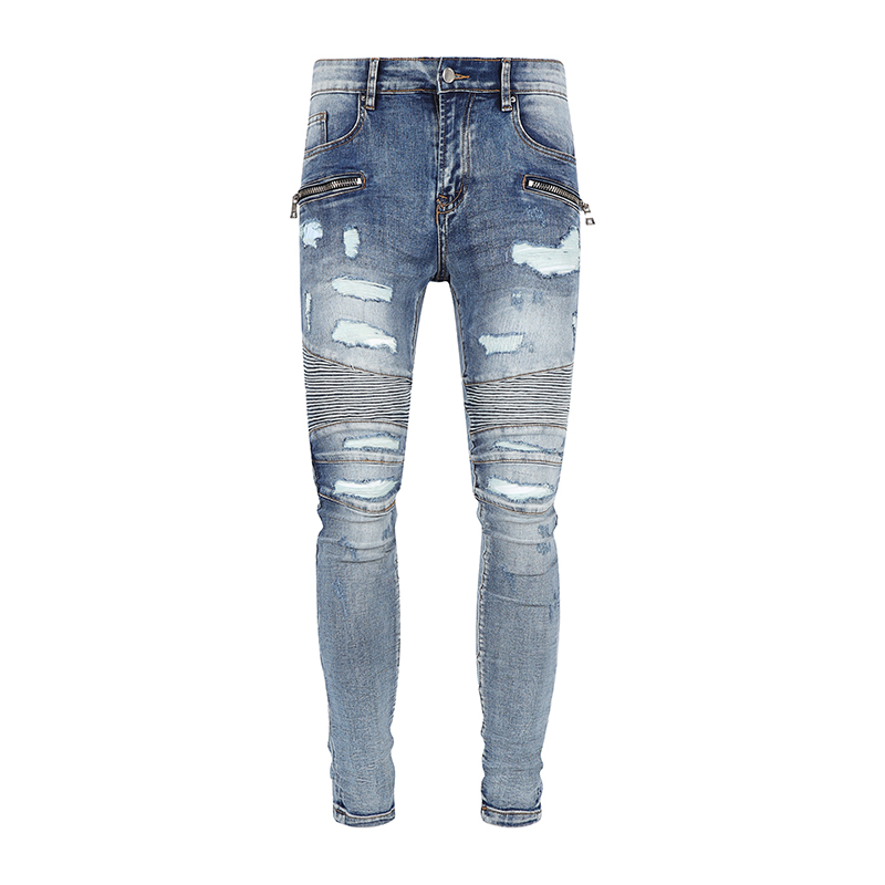 Moda Jeans para hombres Comercio exterior Pantalones negros azul claro Motocicleta Biker Hombres Lavado para hacer el viejo pliegue Hombres Pantalones Casual Runway Denim Tamaño 30-40