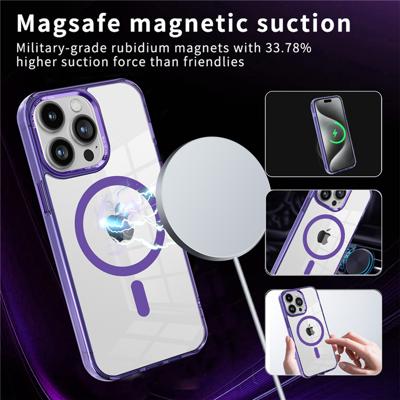 Luxury Magnetic Transparent Vogue Phone Case for iPhone 15 14 13 12 11 Pro Max Sturdy Full Protective Soft Plating Clear Back Cover Supporting Wireless Charging