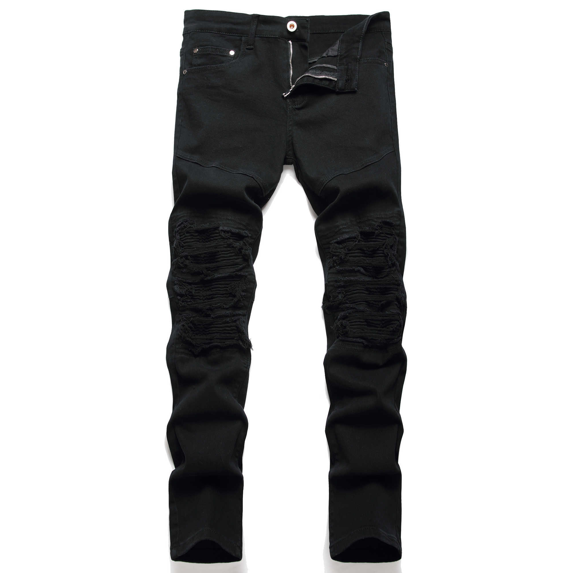 Jeans masculinos nova moda masculina motociclista calças de brim fino ajuste plissado motocycle denim calças marca designer alta elástica cáqui rasgado jeans j230926