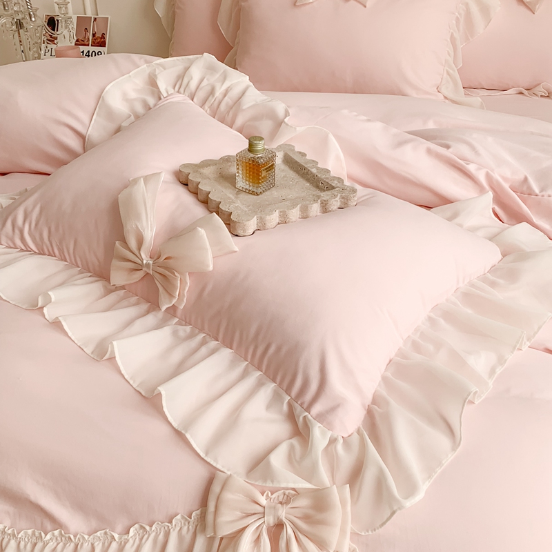 Estilo coreano chiffon rendas conjunto de cama rosa frança romântico princesa casamento roupas babados arco macio capa edredão folha pill219i