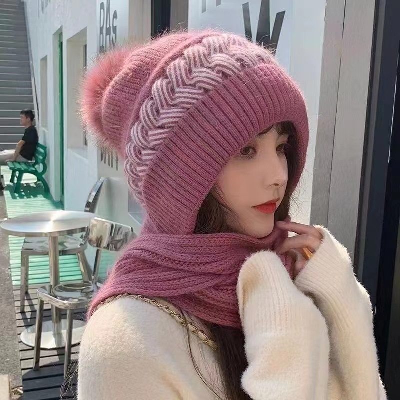 New wind hat bib Korean version of all-in-one autumn and winter ear protection knitted two-piece women's woolen hat scarf