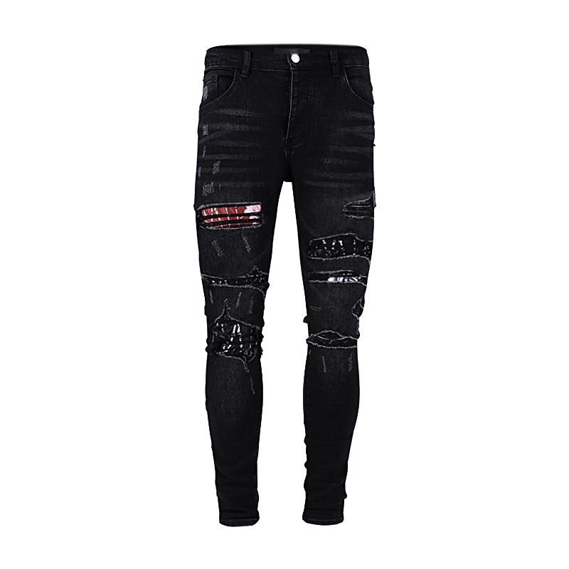 Herren-Jeans, Vintage-Designer, zerrissen, Persönlichkeit, Lederwaschung, Vintage, cool, dreidimensionale Graffiti, Hose mit geradem Bein, Größe 30–40