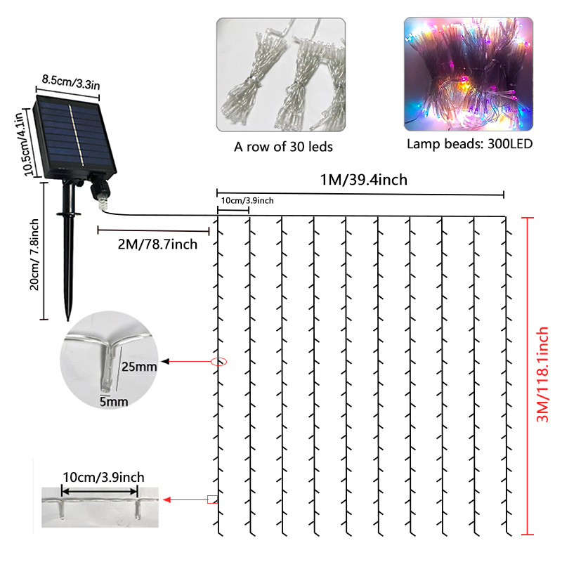 300 LED Solar Curtain Lights Remote Control with 8 Modes Outdoor Christmas Lights Waterproof for Window Patio Garden Balcony Wedding Party Christmas Decorations