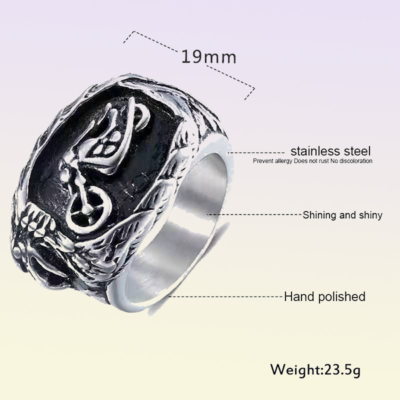 Size 713 Men Stainless Steel Retro Black Big Ring Motorcycle Pattern Finger Jewelry Hip Fashion Male Hand Jewelry Waterproof And 8058218