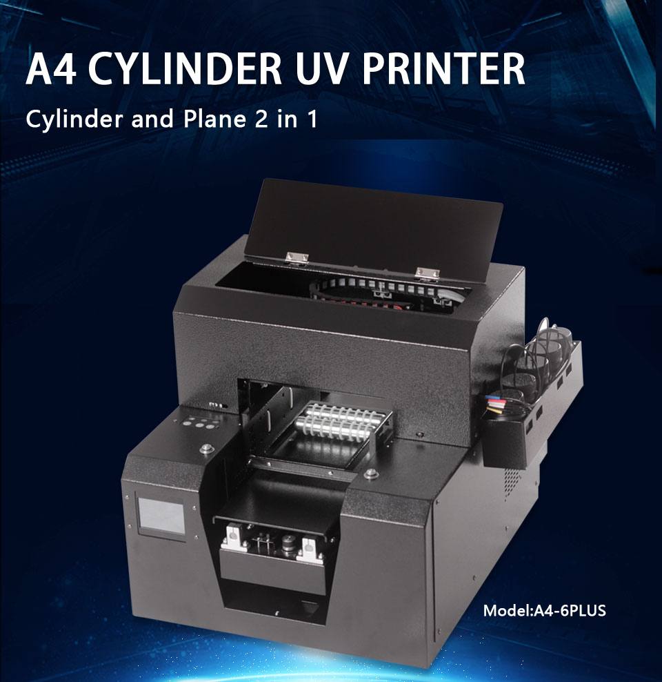 A impressora a jato de tinta cilíndrica plana UV A4 é usada para impressão de padrões em capa de telefone acrílico PVC cartão caneta madeira vidro metal garrafa térmica