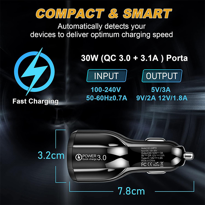 شاحن السيارة USB Type C PD Car Adapter Quick Charger 3.0 للهاتف USB Port+20W PD