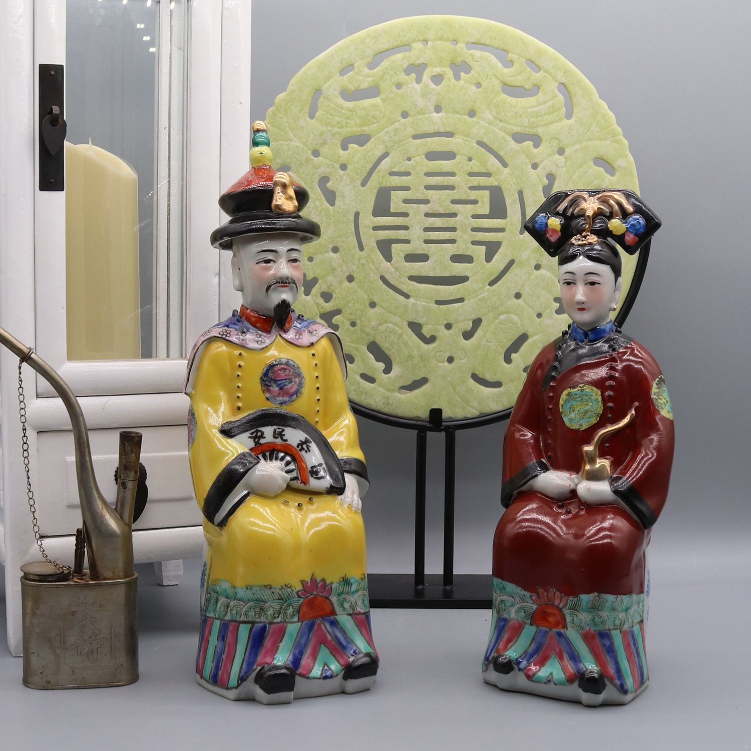 Hand Painted Ceramic Statues of Chinese Emperor and Empress in Qing Dynasty, Wedding Gift, Home Decoration