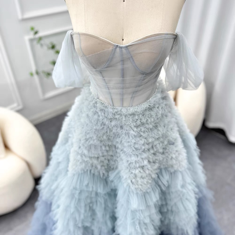 Blue Prom Evening Dresses Tiered Ruffles Tulle Pleat Ruched A-Line rygglösa Saudi Arabic Women Party-klänningar Eng208