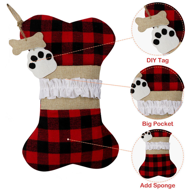 16.5 tum Pet Dog Bone Paw Christmas Stocking Ornament Burlap Plaid Xmas Tree Stora presentpåsar hängande eldstad juldekorationer för familjesemesterfest