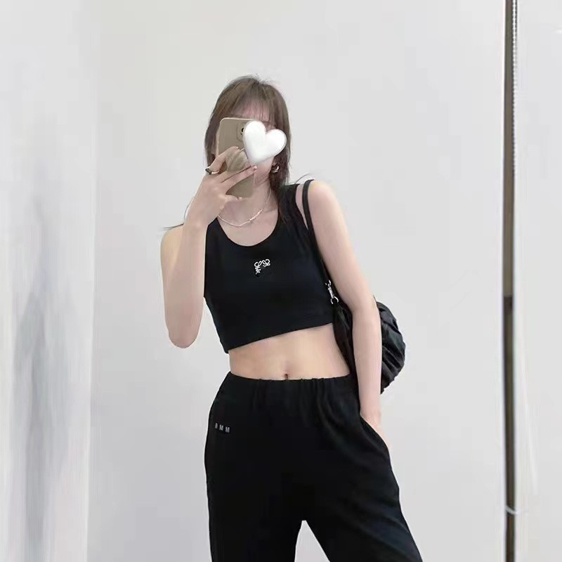 Women Embroidery Tank Top Summer Short Slim Navel Exposed Outfit Elastic Sports Knitted Tanks