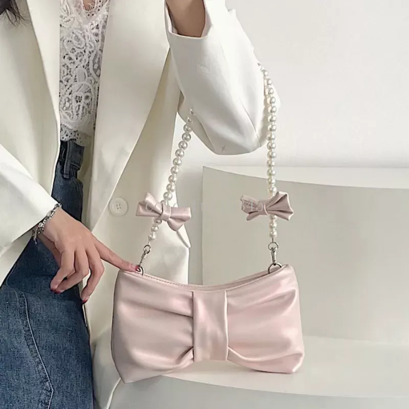 2023 pérola bowknot axilas saco para mulheres rosa branco perolado bolsa de ombro ins designer suave bolsa crossbody sacos de armazenamento