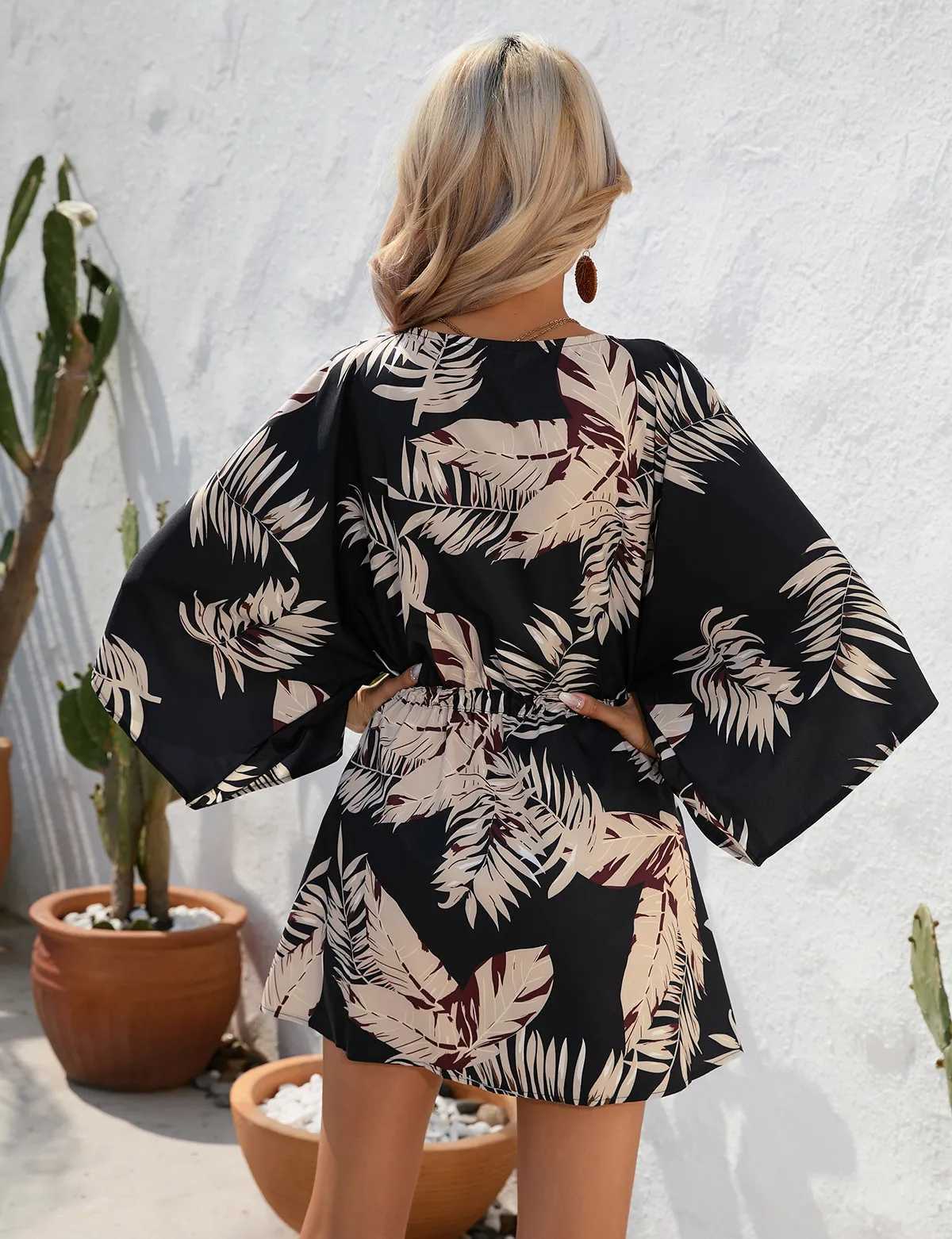 Basic Casual Dresses Elegant Women's Summer Leaf Print Sleeve VNeck Loose Short Dress Lady Beach Vacation Vestido Mulher SXXL