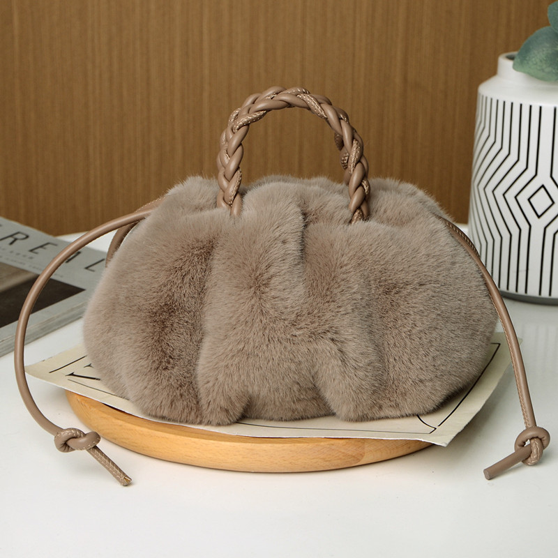 shoulder bags winter cute pumpkin shape sweet handbag soft and comfortable plush cloud bag small fresh solid color pleated drawstring fashion handbags 009#