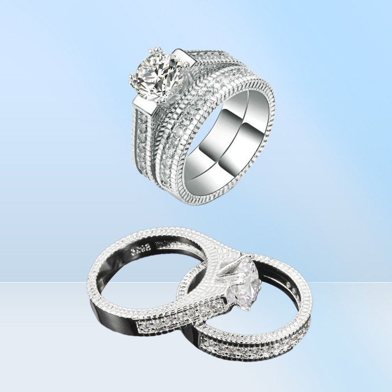 925 Silver Wedding Band Ring Set Sz 512 Top Simulated Diamonds Engagement Jewelry for Women5713443