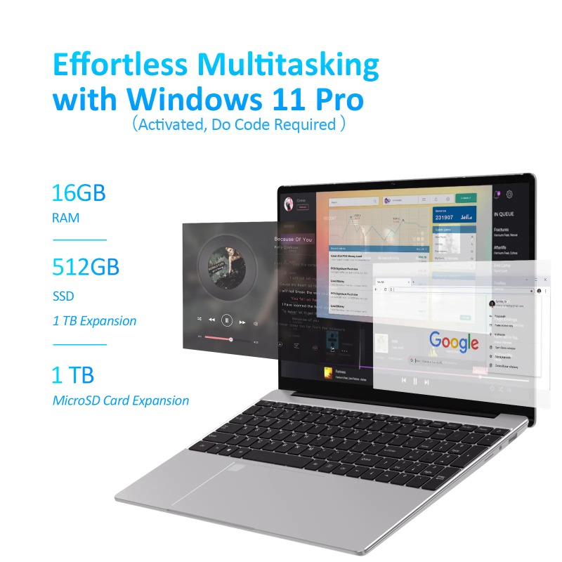 15.6 Inch 16GB Laptop Windows 11 Notebook Intel Celeron N5095 Office Computer Backlit with WiFI Camera BT Fingerprint