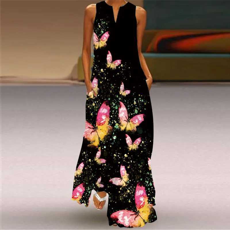 Basic Casual Dresses Elegant Women Evening Flower Summer Sleeveless Vneck Vintage Print Lady Maxi Dress Beach Vacation Female Robe SXL