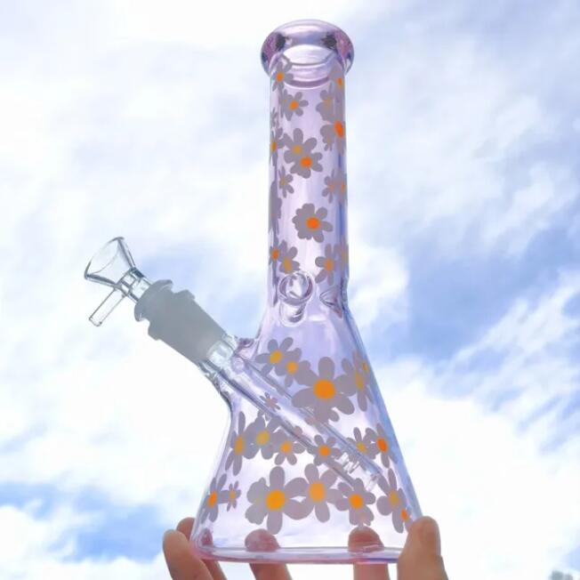 Pink Glass Bong Bubbler Heart Hookahs beaker Base Dab Rigs Downstem Perc Water Bongs With 14mm Joint 25cm tall