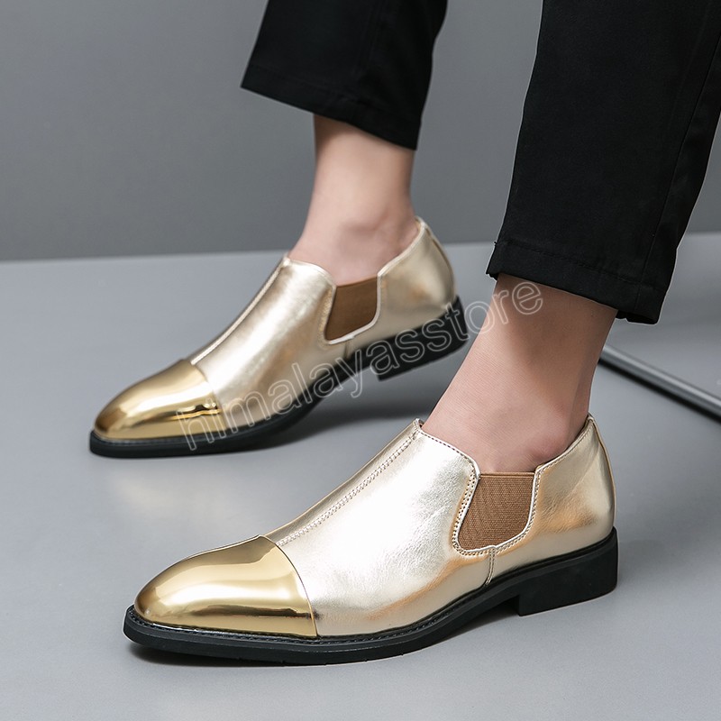 Club-Schuhe für Herren, spitze Zehen, Leder, klassische Herrenschuhe, Hochzeit, Büro, neue goldene Slip-on-Loafer für Herren