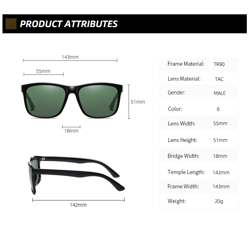 Vintage Polarized Sunglasses Classic Designer Square Shades 55-18-142 Outdoor Driving UV400 Sun Glasses for Men Women
