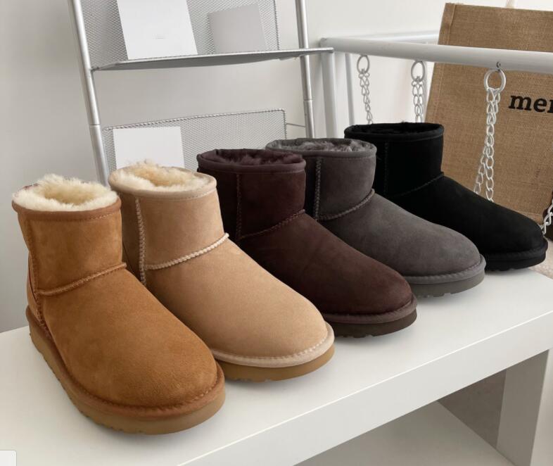 Mulheres curtas mini botas de neve shearling bootie casual macio confortável pele de carneiro manter botas quentes sapatos com caixa cartão saco para o pó lindos presentes