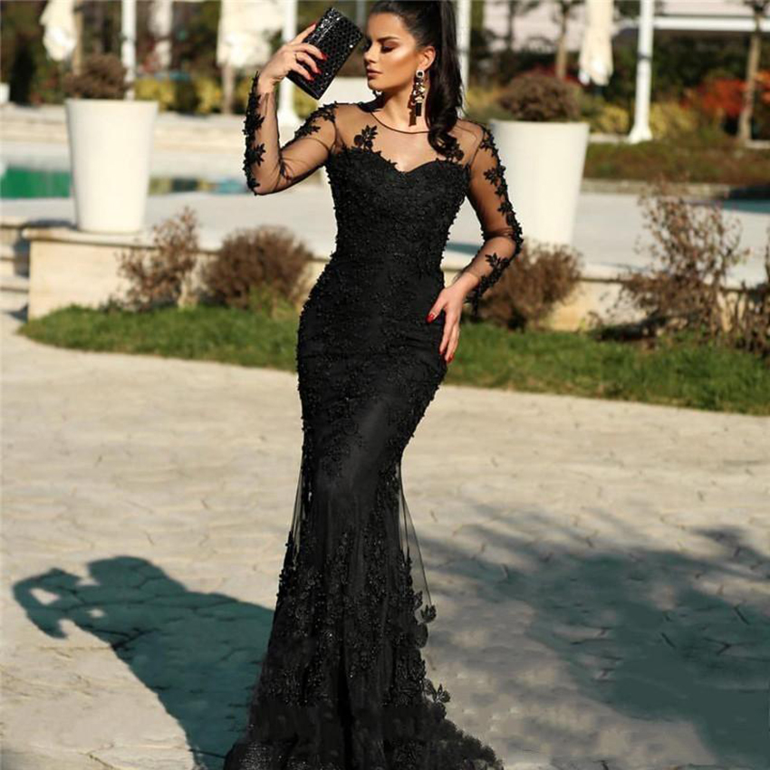 2023 sirène robe de soirée en dentelle noire illusion à manches longues col transparent longueur de plancher trompette occasion formelle robe de soirée de bal taille personnalisée