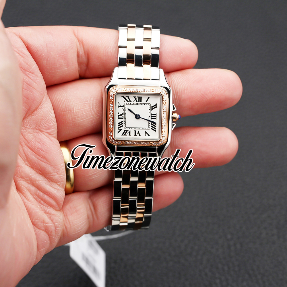Новые маленькие швейцарские кварцевые женские часы Panthere de W3PN0007 диаметром 27 мм с белым циферблатом, двухцветный безель из розового золота 18 карат с бриллиантами, модные женские часы Timezonewatch Z01e