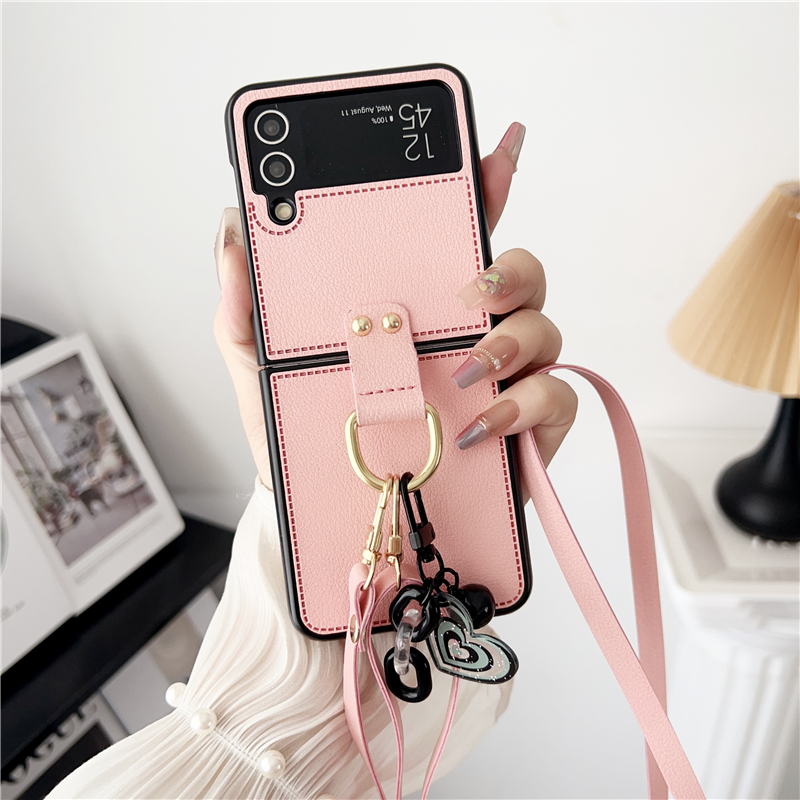 Luxe Crossbody Rivet Vogue Telefoonhoesje voor Samsung Galaxy Z Opvouwbare Flip3 Flip4 Flip5 5G Stevige Verstelbare Lanyard Stevige Lederen Opvouwbare Shell met Liefdeshart Hanger