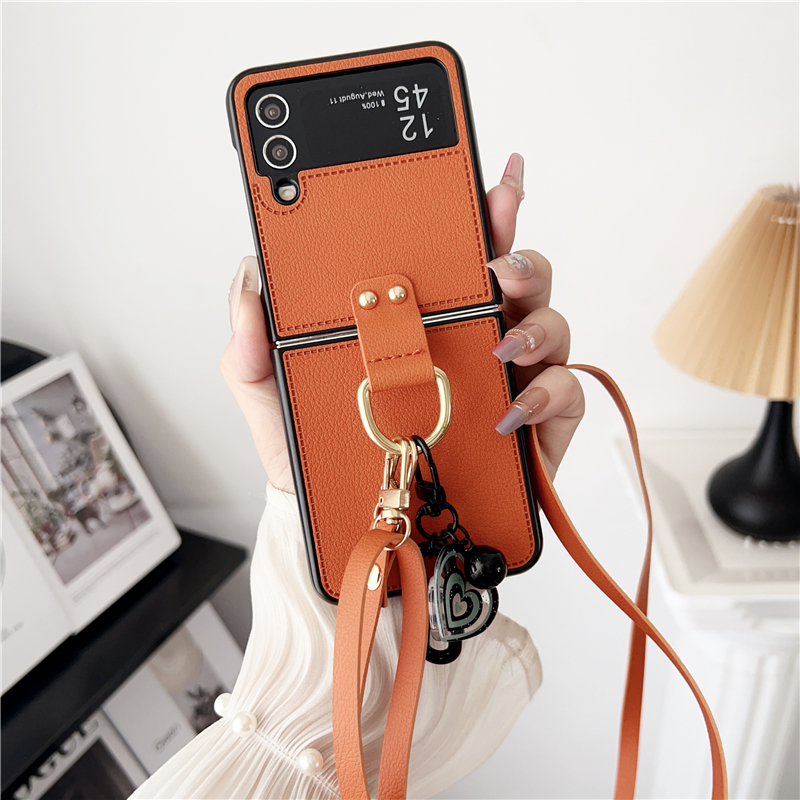 Luxury Crossbody Rivet Vogue Phone Case for Samsung Galaxy Z Folding Flip3 Flip4 Flip5 5G Sturdy Adjustable Lanyard Solid Leather Fold Shell with Love Heart Pendant