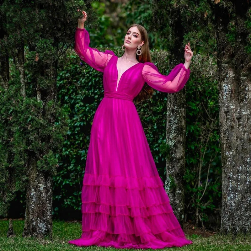 Vintage Fuchsia Prom Dress A-Line Tulle Long Sleeves Evening Dress 2023 Floor Length Zipper Back Party Ball Gowns Custom Made