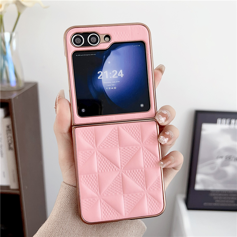 Luxury Plaid Print Leather Plating Vogue Phone Case for Samsung Galaxy Z Folding Flip4 Flip3 Flip5 5G Slim Full Protective Soft Bumper Solid Color Lattice Fold Shell