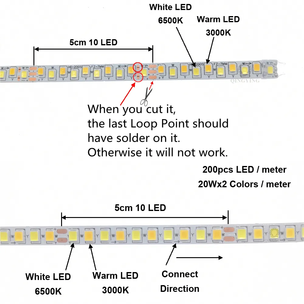 3 meter Bicolor LED-remsa 2835 200LED/M 2PIN 3PIN CONSTANT CURRENT CLEXIBEL RIBBON 3000K 6500K 51-60W XFÖR KONTERIER