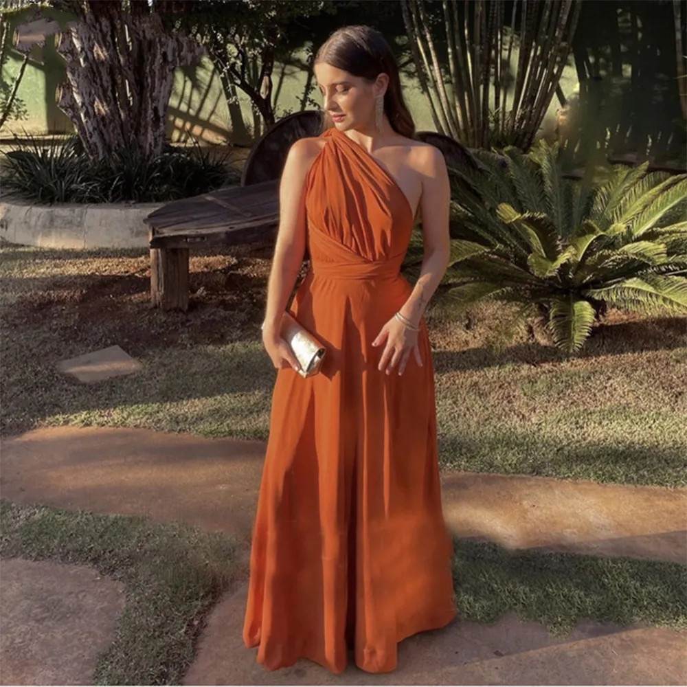 Laranja queimado um ombro chiffon vestidos de festa à noite simples uma linha vestidos de baile longo até o chão vestidos de noche