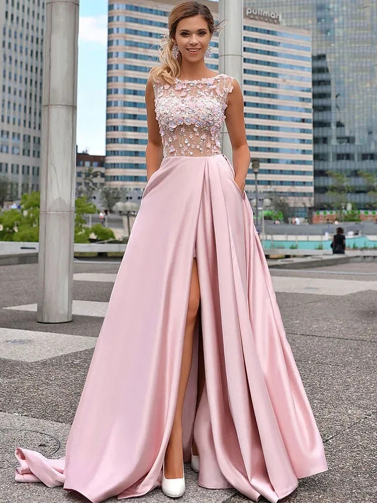 Blommig rosa prom klänning prinsessan sida slits o-hals ärmlös en linje spets applikation hemkomst examen formella aftonklänningar