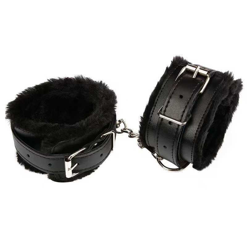 Beauty Items BDSM Bondage Set Black PU Leather With Fluff Soft Hand Leg Cuffs Mouth Gag Rope Whip Nipple Clamps SM Couple Adult sexy Game Toy