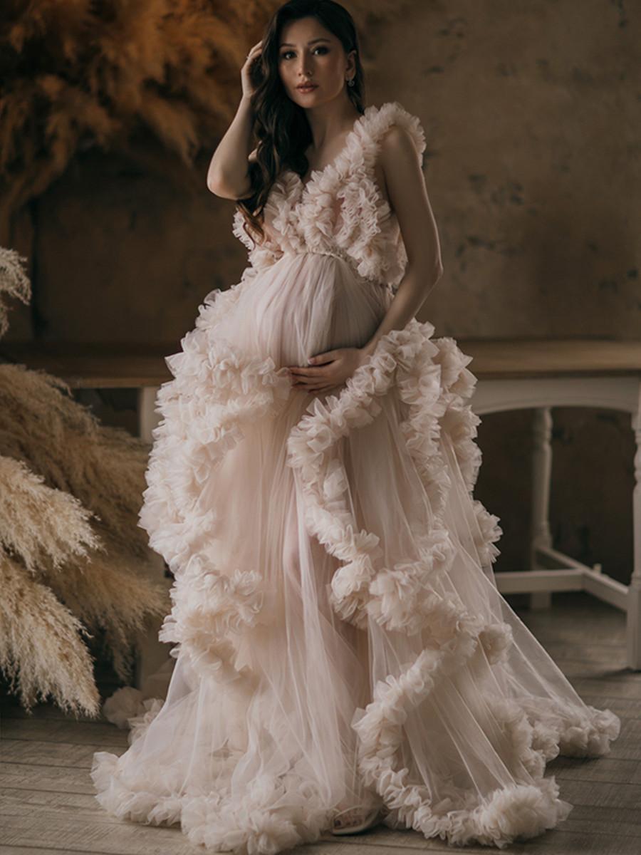 Abiti da sera 2023 Indossano abiti lunghi eleganti con scollo a V Champagne Tulle Off spalla Abiti premaman servizio fotografico Abito da donna incinta Abiti formali