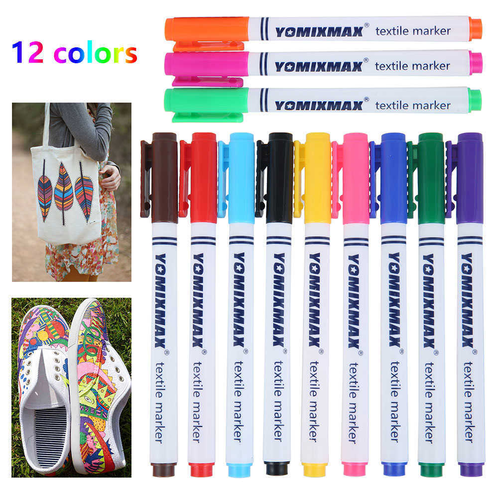 12 renk su geçirmez boya işaretleyici kalemi, her türlü tekstil üzerinde DIY boyama için kalıcı toksik olmayan evrensel