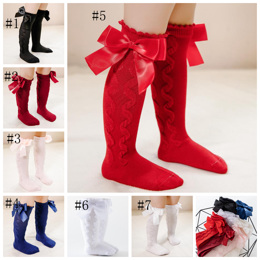 Baby Girl Bow Socks Cotton Sweet Sweet Princess Uniform Knee High Sock Large Bow Tube Ruffled Strumpor DW6821