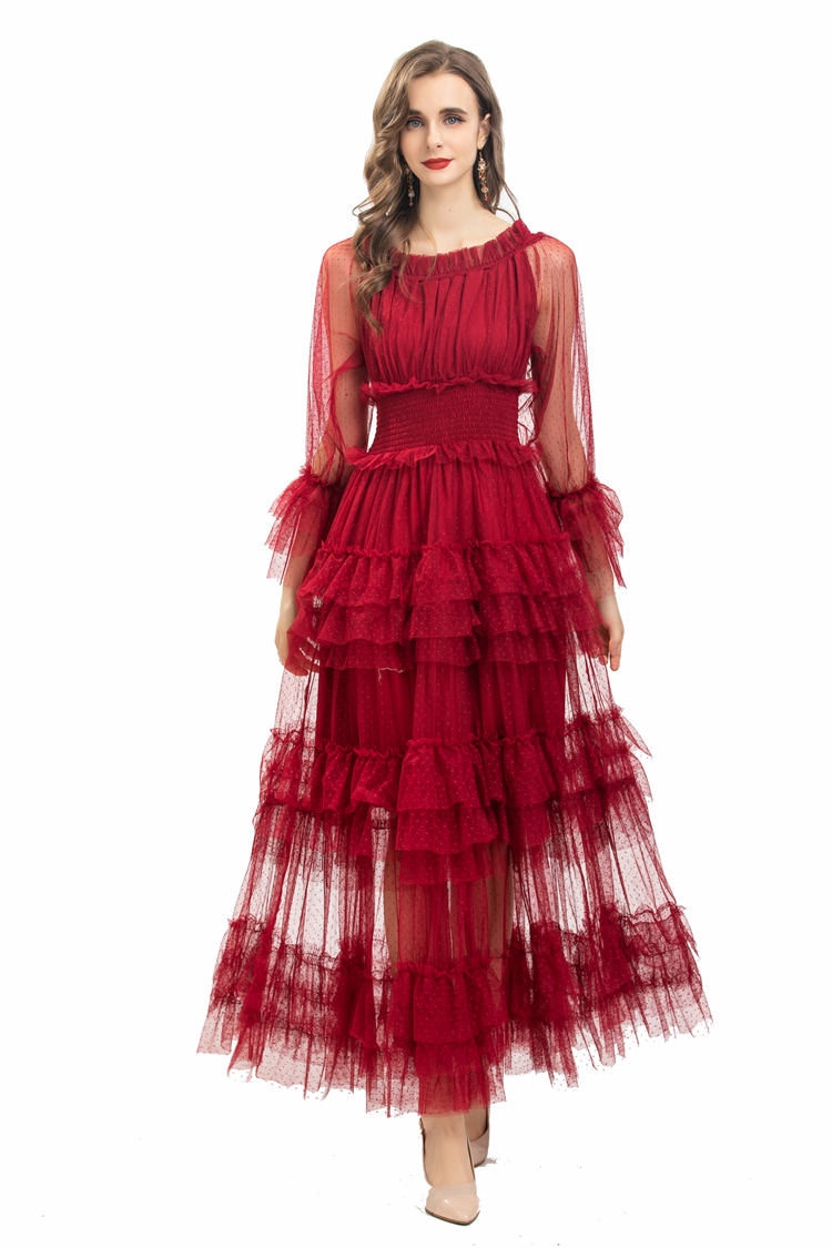 Women's Dresses Slash Neckline Long Sleeves Sexy Tulle Laid Over Tiered Ruffles Elgant Maxi Party Prom