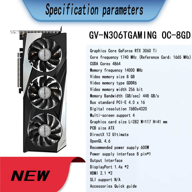 Gigabyte Geforce RTX 3060 TI Gaming OC 8G 1400MHz GDDR6 ATX RTX 3060TI دعم AMD Intel Desktop CPU LHR NEW