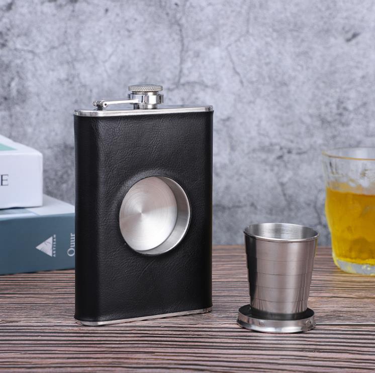 8oz Hip Flasks with a Built-in Collapsible Shot Glass & Flask Funnel Stainless Steel Premium Leathers Wrapping Black Leather SN5066