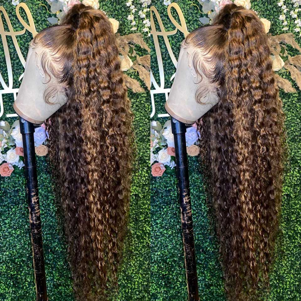 Lång brasiliansk hår kinky lockig spets fram peruker markerade ombre brun full peruk värmebeständig fiber naturlig syntetisk peruk för kvinnor
