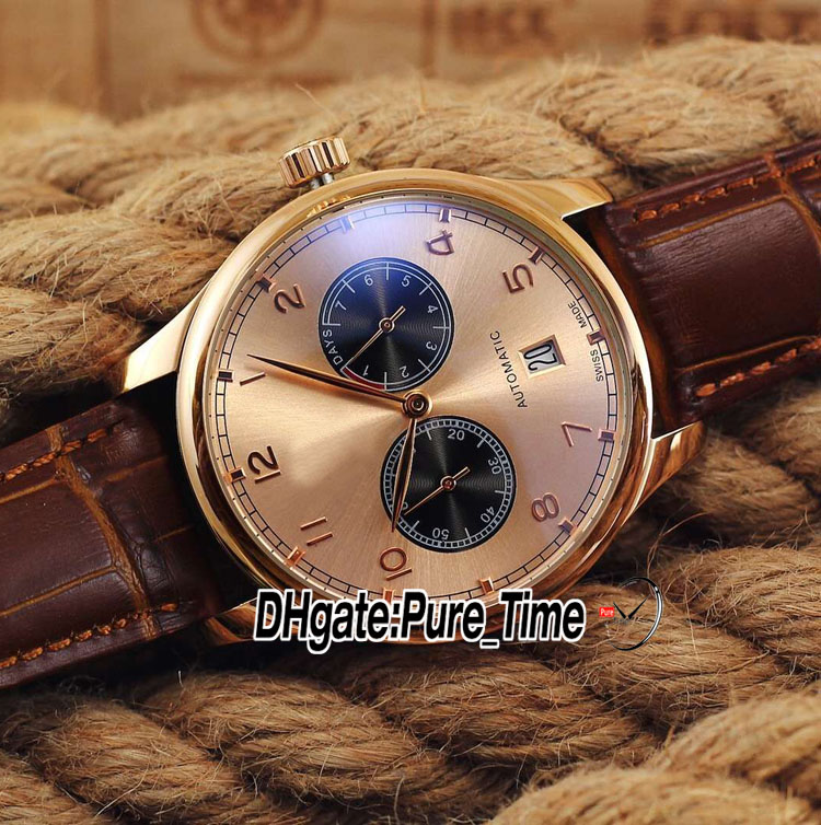 42mm Portugieser 500125 Mens Watch 7 Days Power Reserve Gray Black Dial Rose Gold Case Leather Strap Date New Watches PureTime PTI211d