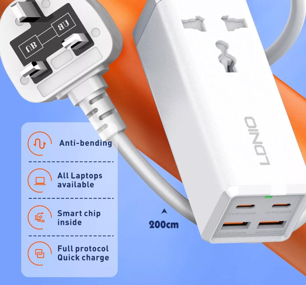 LDnio Chargers SC1418 2500W Masaüstü Güç Şeridi 2 USB-C 2 USB-A 65W Evrensel Seyahat USB Güç Soketi