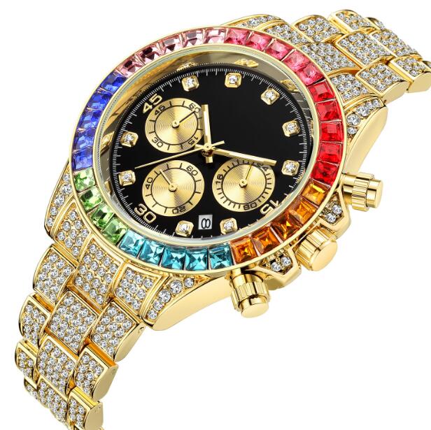 Orologio con calendario a tre occhi con cinturino in acciaio e diamanti, adatto orologi da uomo e da donna di alta qualità
