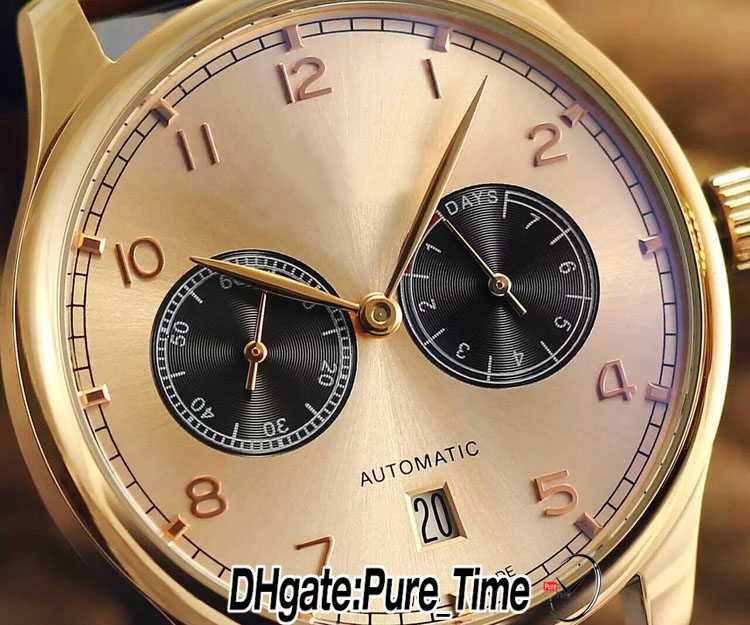 42mm Portugieser 500124 męski zegarek 7 dni rezerwy chodu złota tarcza czarna wewnętrzna różowe złoto koperta brązowy skórzany pasek data nowe zegarki PureTime PTIW B002E1