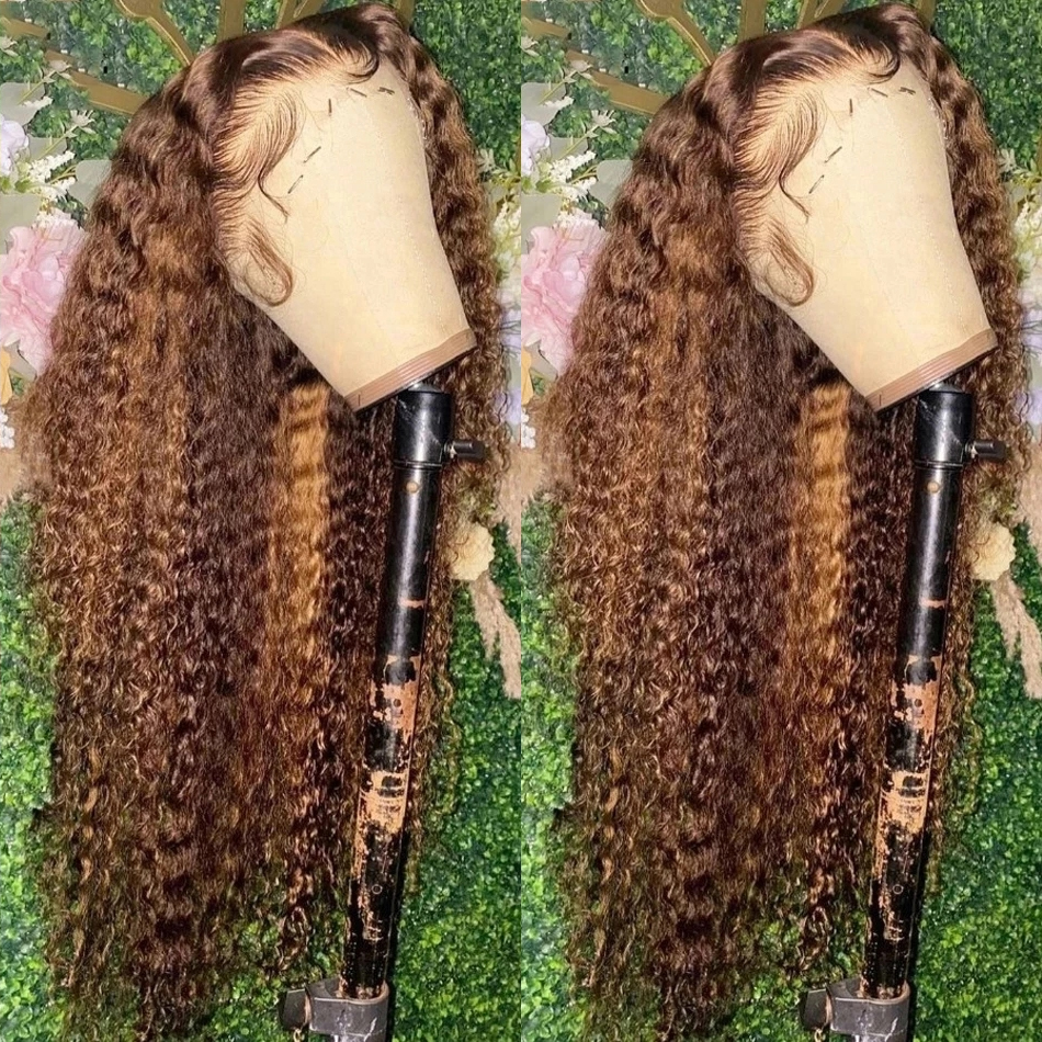 Long Brazilian Hair Kinky Curly Lace Front Wigs Highlighted Ombre Brown full Wig Heat Resistant Fiber Natural Synthetic wig For Women