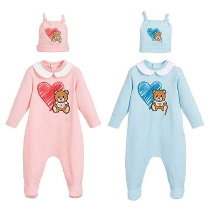 Baby romper kropp passar tecknad film nyfödda pojkar flickor enstycke kläder fast färg tryckt baby jumpsuits hatt kläder långa ärmar sömn